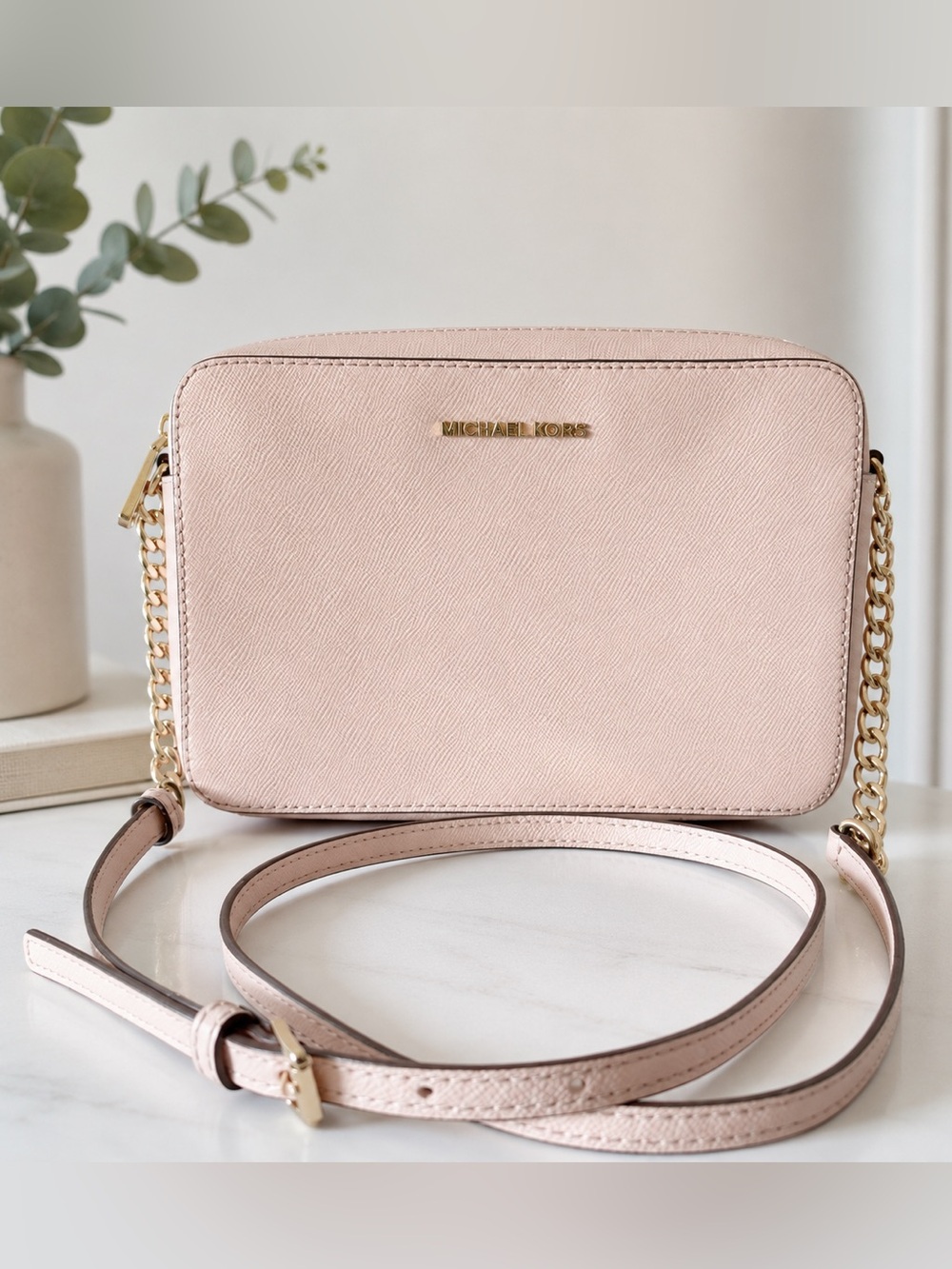 Michael Kors Blush Pink Saffiano Crossbody Camera Bag with Gold Chain